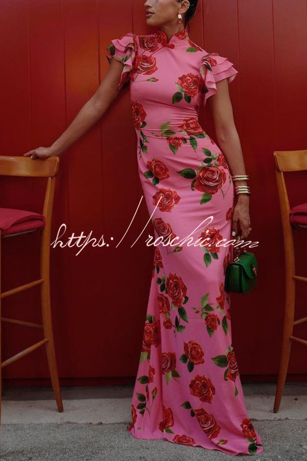 Cheongsam Style Rose Print Tiered Flare Sleeve Stretch Maxi Dress