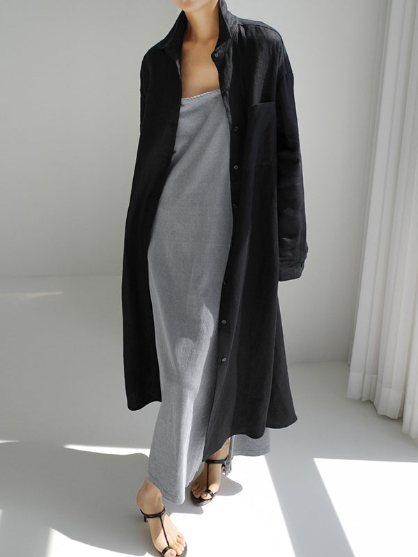 Simple Long Sleeves Split-side Color Lapel Midi Dresses Shirt Dress
