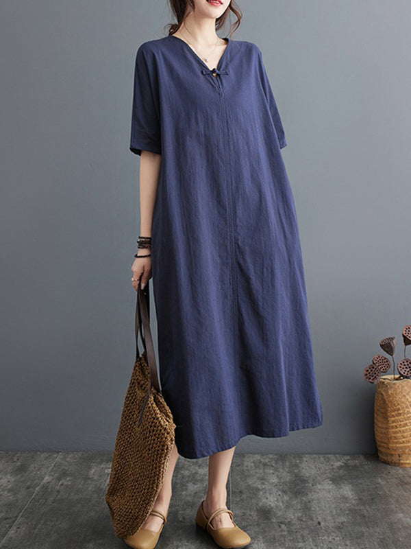 A-line Loose Chinese Frog Buttons Pockets Color Split-side V-neck Midi Dresses