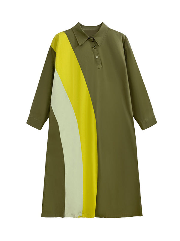 Long Sleeves Loose Asymmetric Buttoned Contrast Color Split-joint Lapel Midi Dresses Shirt Dress