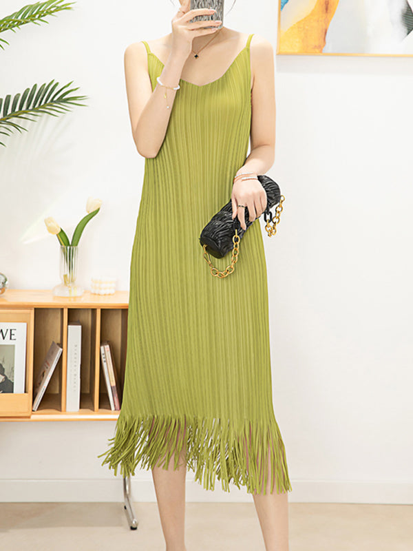 Loose Sleeveless Pleated Color Tasseled Spaghetti-neck Midi Dresses