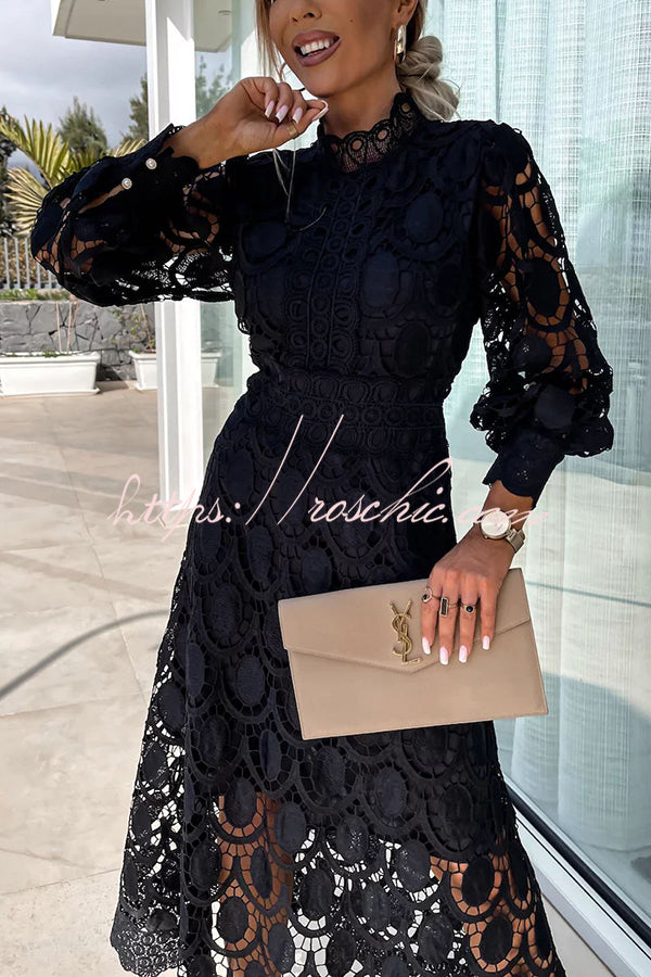 Romantic, Sensual and Crochet Lace Lantern Sleeve Party Midi Dress