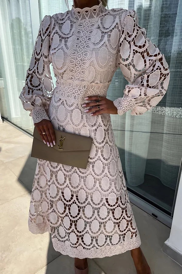 Romantic, Sensual and Crochet Lace Lantern Sleeve Party Midi Dress
