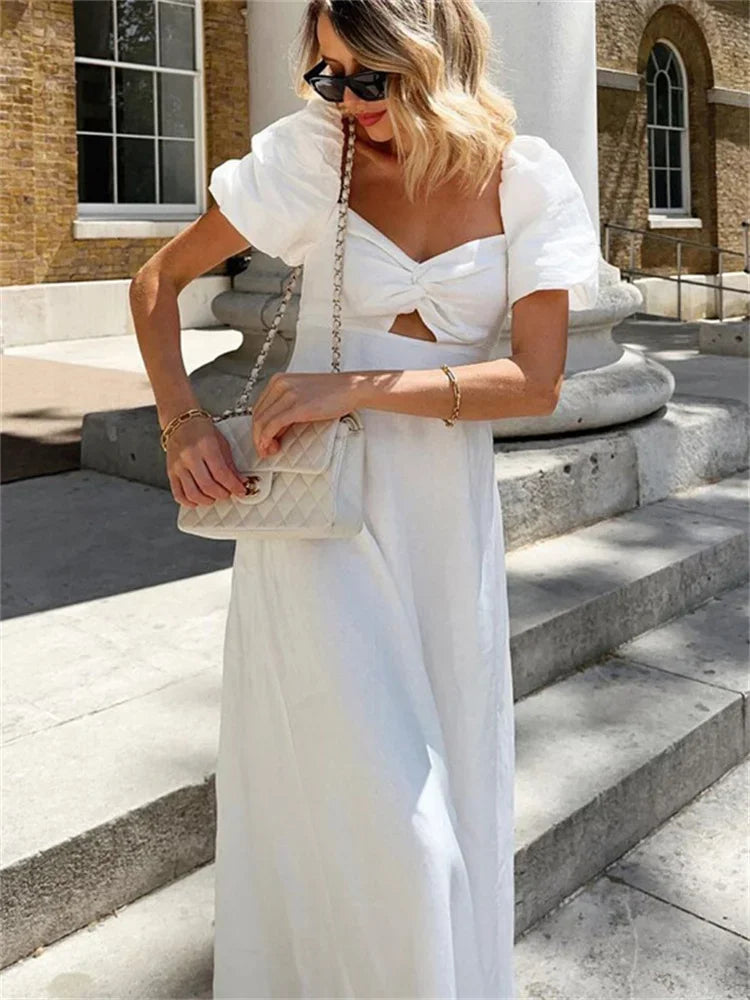 Square Neck Hollow Out White Long Dress for Twist Short Sleeve High Waist Autumn Party Dress ’s Clothes