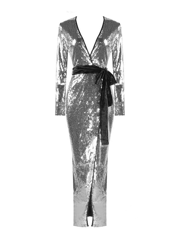 Long Sleeves Bandage Belted Sequined Split-front Zipper Deep V-neck Midi Dresses