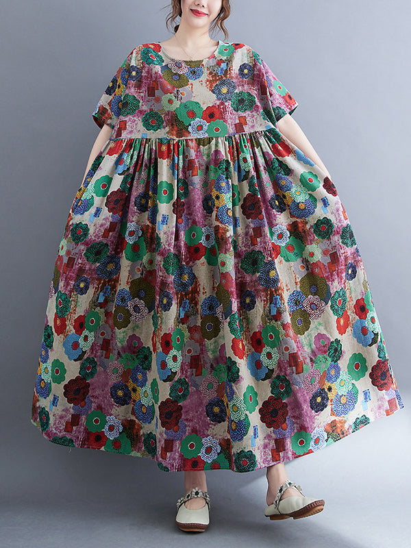 Loose Multi-colored Printed Midi Dress