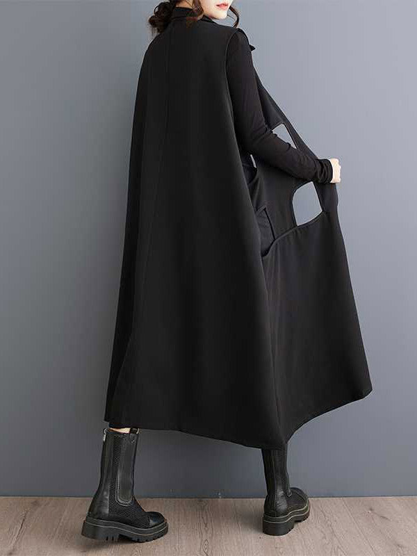 Loose Sleeveless Hollow Color Zipper Lapel Midi Dresses