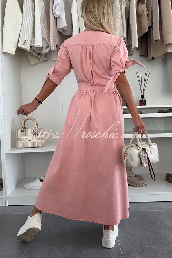 Color V-neck Button-down Denim Midi Dress