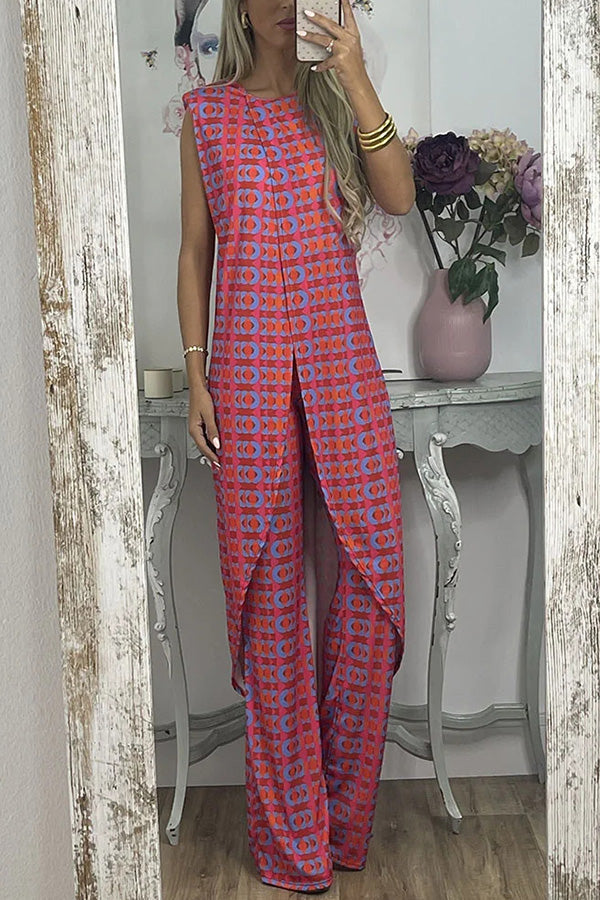 Retro Print Split Top Two-piece Set