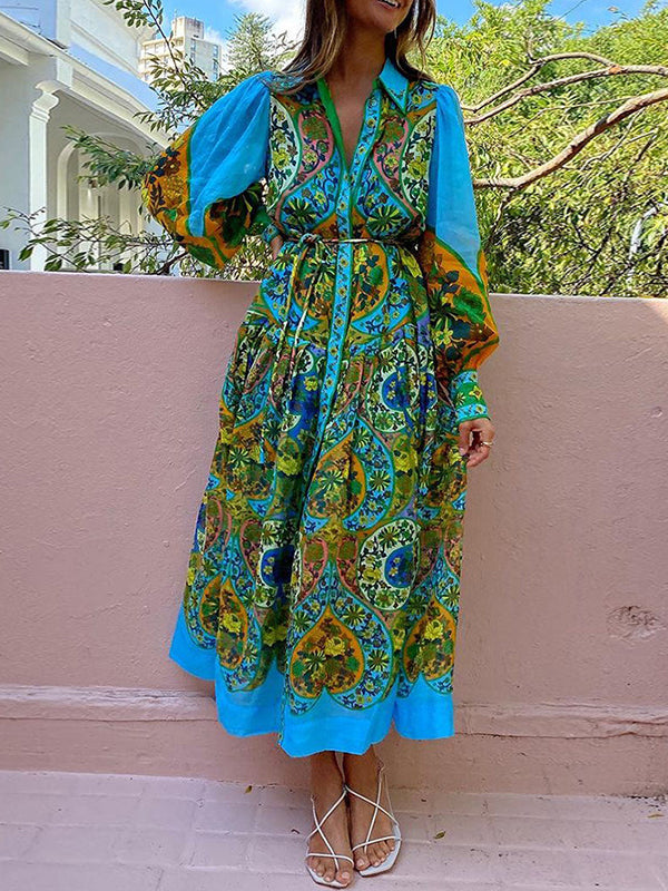 High Waisted Loose Puff Sleeves Belted Printed Lapel Midi Dresses