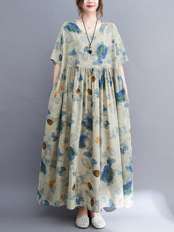 Artistic Retro Loose Printed Pleated Vacation Midi Dress