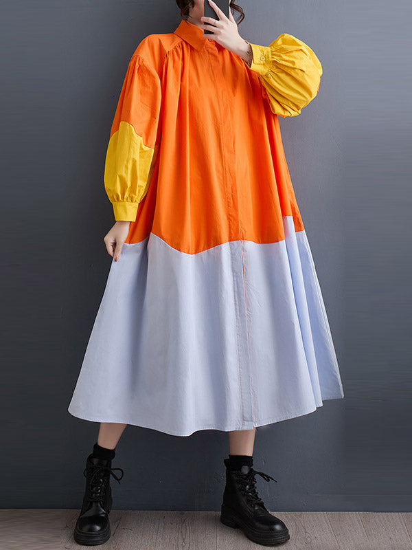 Loose Puff Sleeves Contrast Color Pleated Split-joint Lapel Midi Dresses Shirt Dress