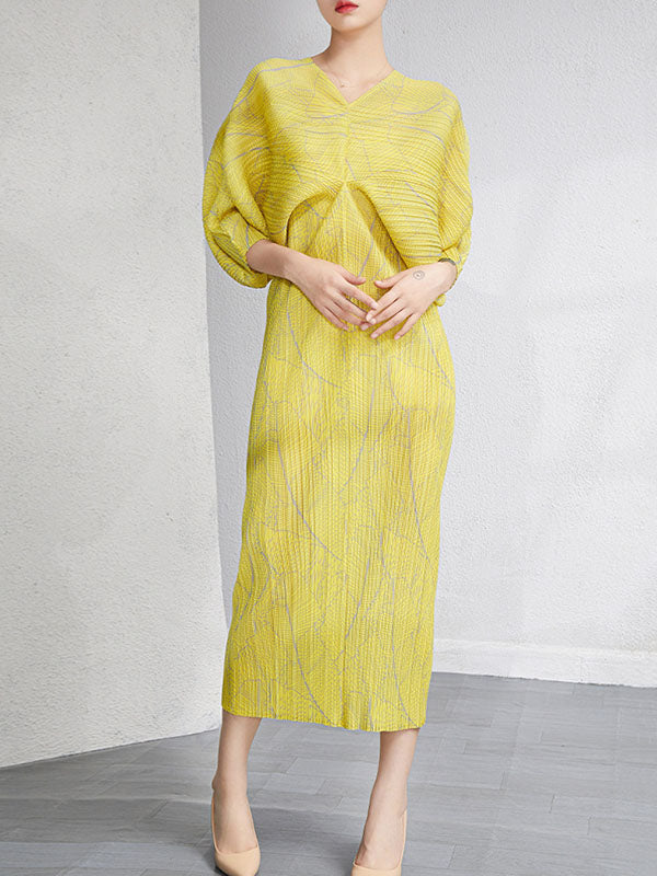 Urban Loose Batwing Sleeves Printed Pleated V-neck Midi Dresses