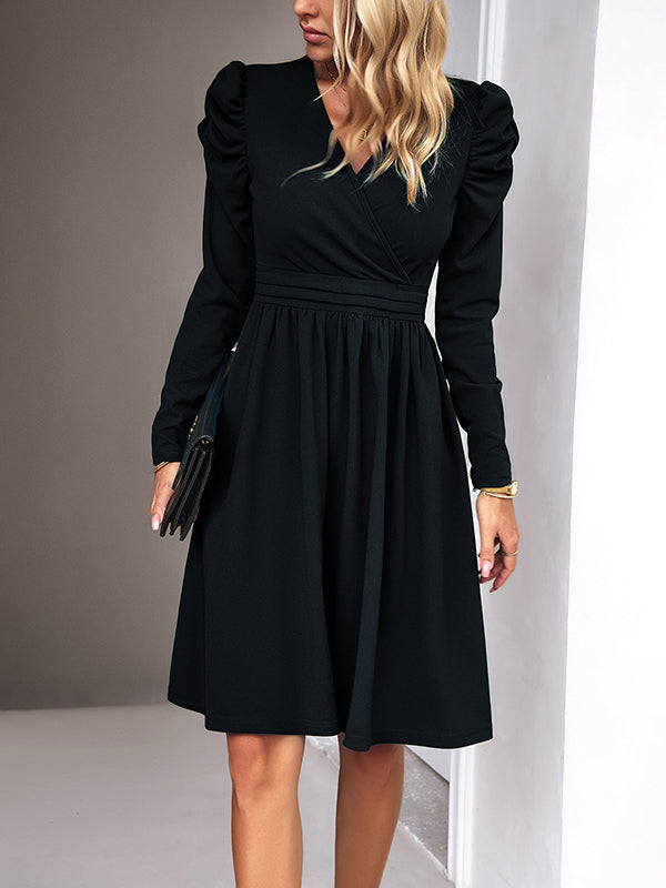 Puff Sleeves Skinny Pleated Color Split-joint V-neck Midi Dresses