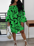 Flared Sleeves Long Sleeves Elasticity Falbala Printed Off-the-shoulder Midi Dresses