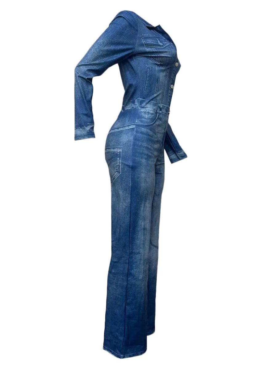Autumn Winter Imitation Denim Pocket Button Design Jumpsuit Jumpsuits