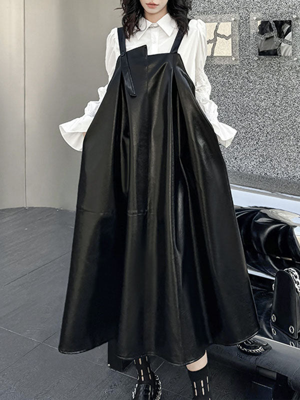 A-line Loose Asymmetric Pleated Color Split-joint Square-neck Midi Dresses Slip Dress