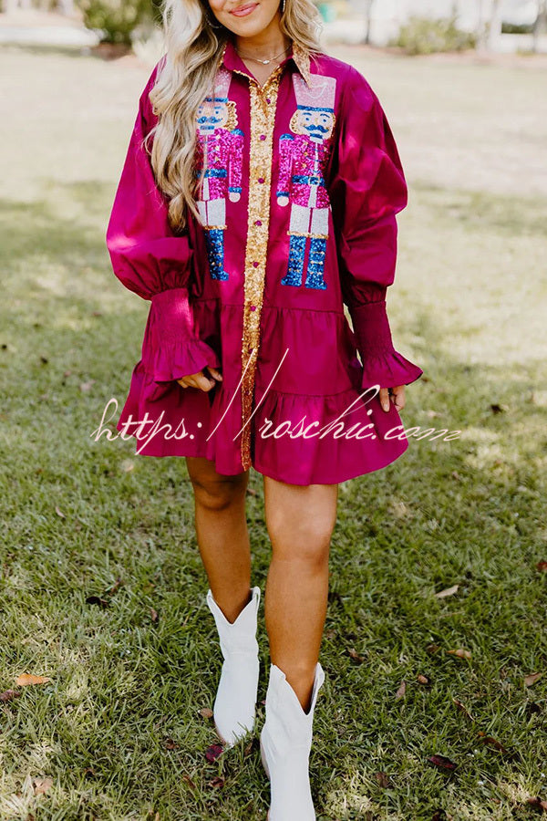 Nutcracker Sequined Button Down Long Sleeve Mini Dress