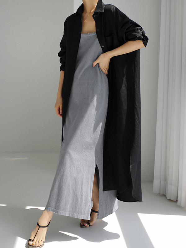 Simple Long Sleeves Split-side Color Lapel Midi Dresses Shirt Dress