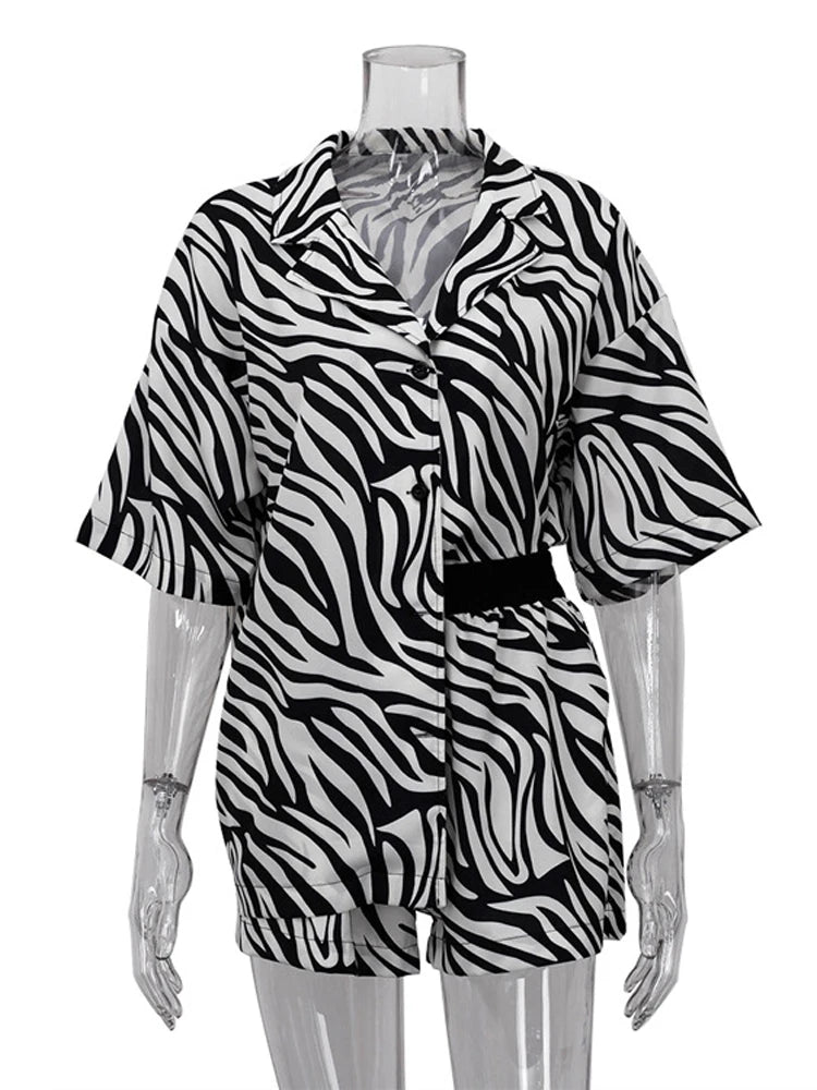 Two Piece Sets Outfits Zebra Printed Loose Shirt Tops and High Waist Shorts Set Summer New