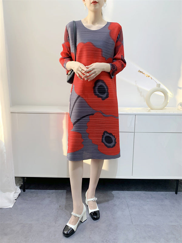 Original Three-quarter Sleeves Loose Printed Contrast Color Pleated Round-neck Midi Dresses