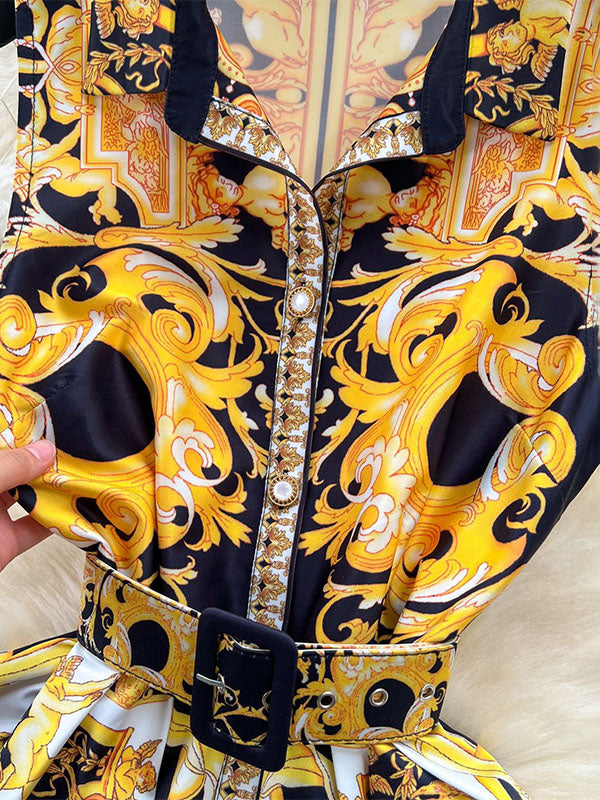 Sleeveless Belt Buckle Buttoned Contrast Color Printed Midi Dresses