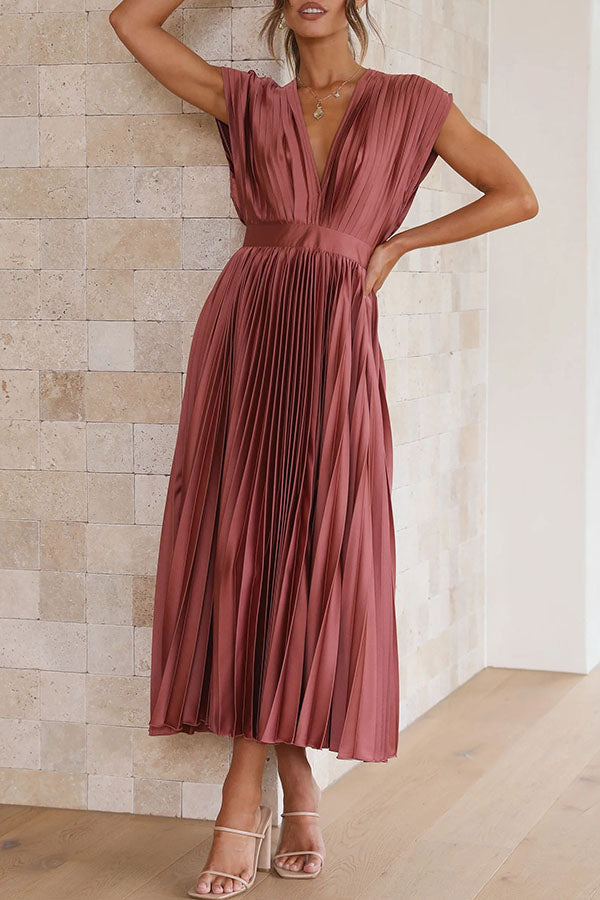 Hello Satin Pleated Midi Dress