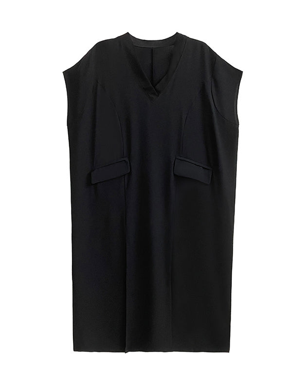 Loose Short Sleeves Asymmetric Color Split-joint Split-side V-neck Midi Dresses