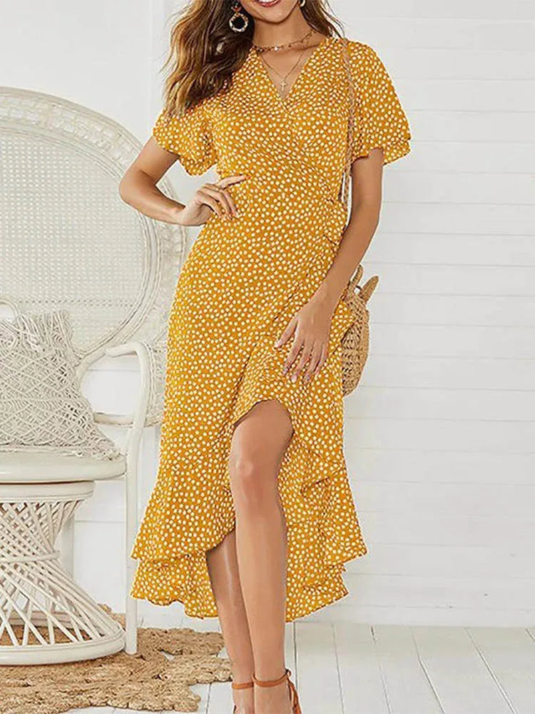 Summer Beach Maxi Dress Print Long Chiffon Dress Ruffles Wrap V-neck Split Party Dress Robe Femme