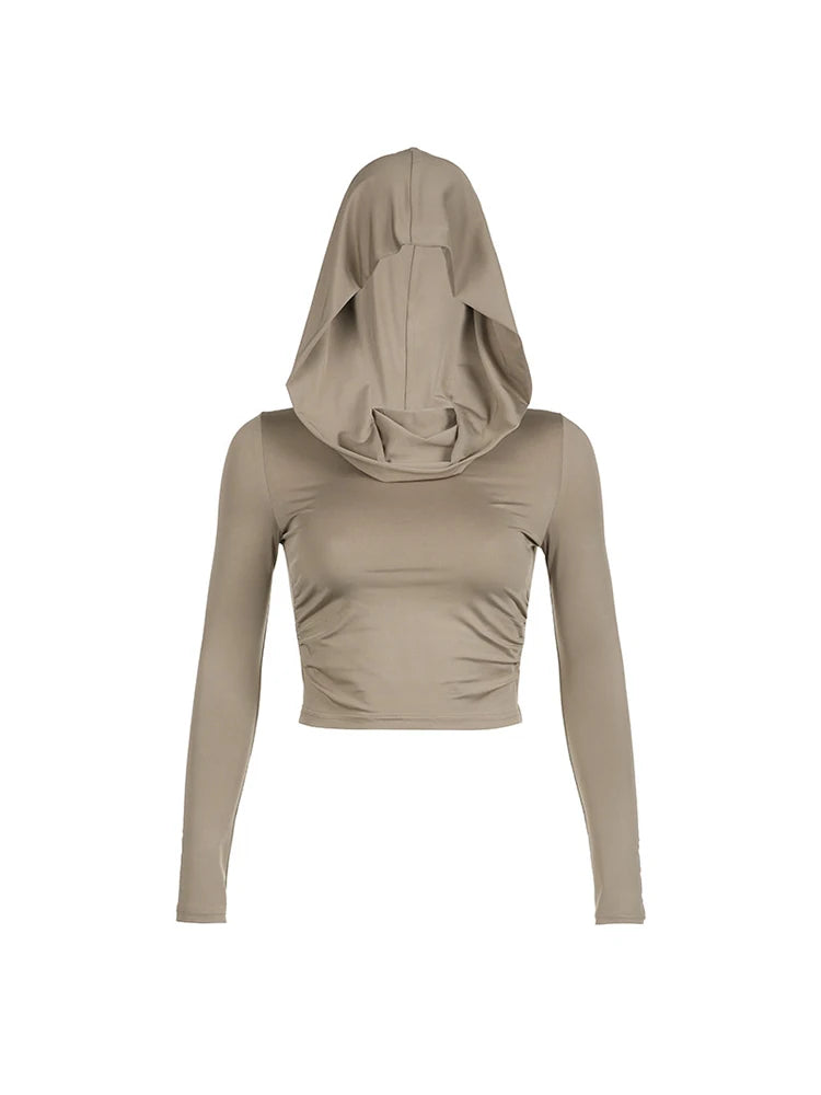 ’s Hooded Crop Tops Autumn Color Long Sleeve Cowl Neck Slim Fit Short T-shirt Sporty Basics Tees