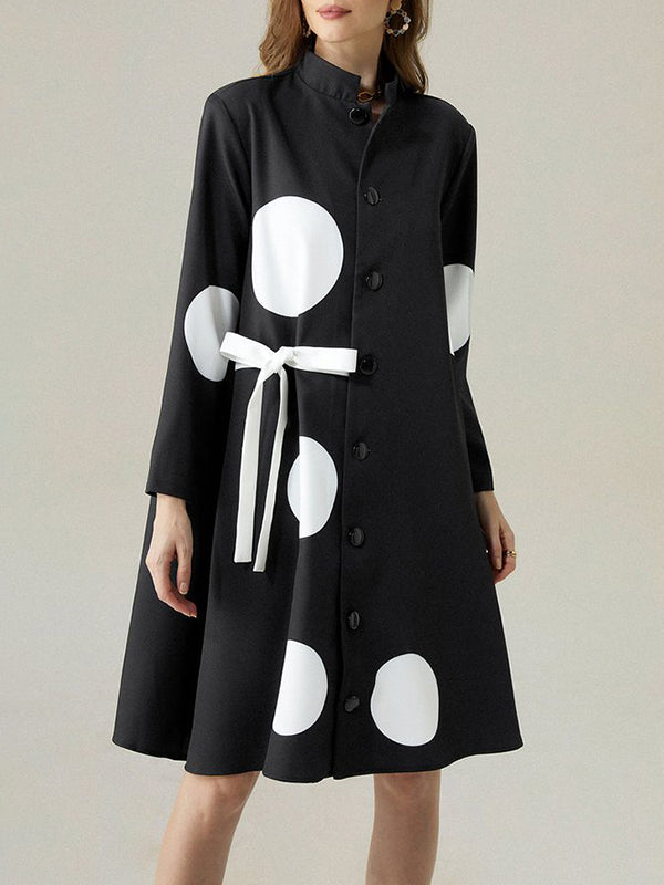 Long Sleeves Loose Asymmetric Buttoned Polka-dot Tied Mock Neck Jackets&coats Midi Dresses Outerwear