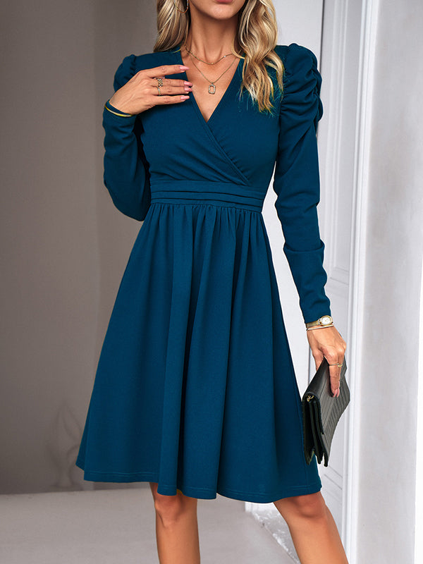 Puff Sleeves Skinny Pleated Color Split-joint V-neck Midi Dresses