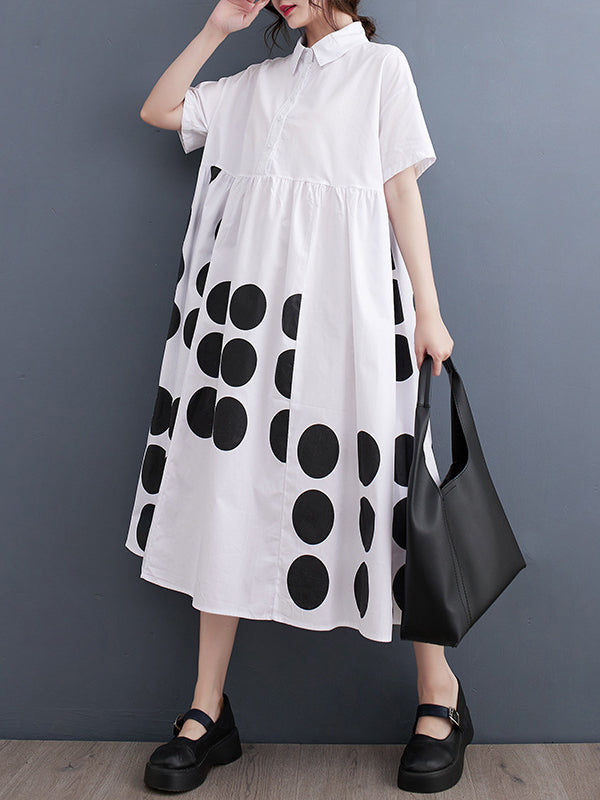 A-line Loose Buttoned Pockets Polka Dot Printed Lapel Midi Dresses