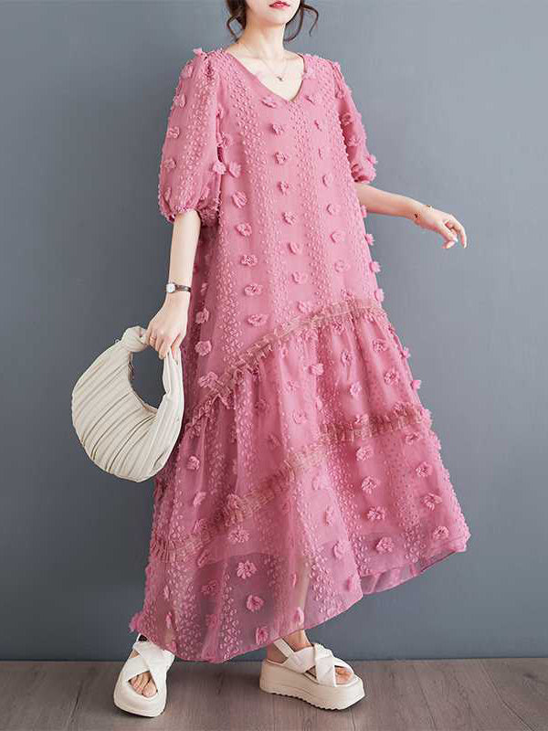 A-line Half Sleeves Elasticity Jacquard Color Split-joint V-neck Midi Dresses