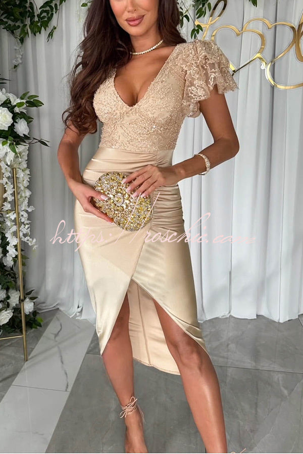 Dreamy Lace and Satin Patchwork Ruffle Sleeve Ruched Midi Dress