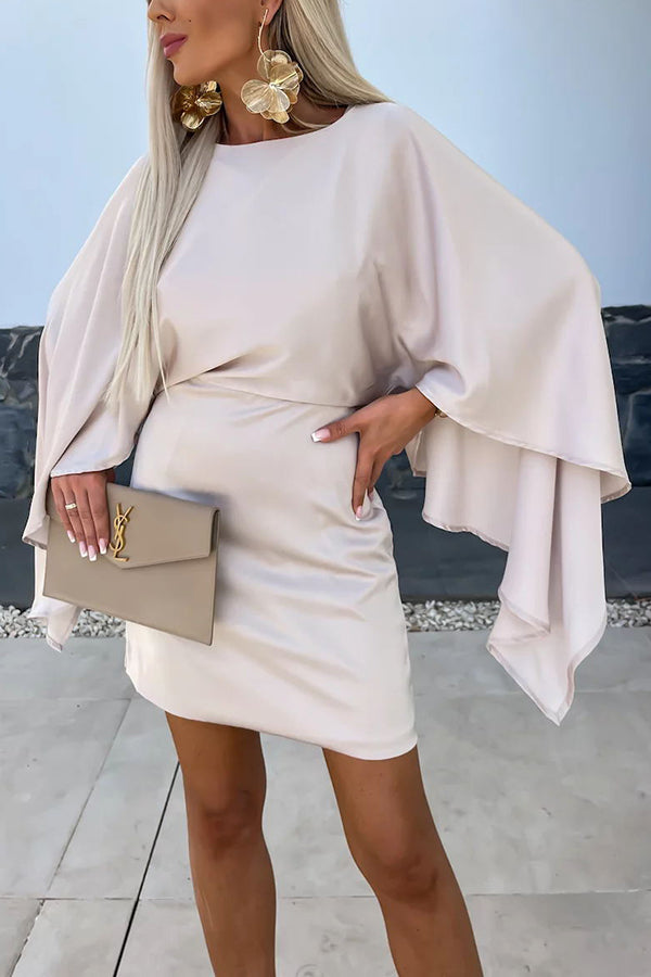 Wings Satin Butterfly Sleeves Elastic Waist Formal Mini Dress