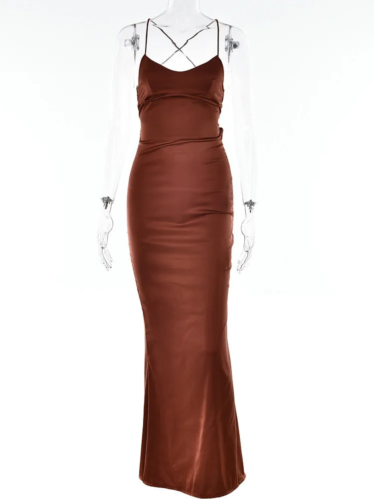 Satin Backless Maxi Dress for Autumn New Spaghetti Strap Sleeveless Bodycon Long Dress Vestido Clubwear