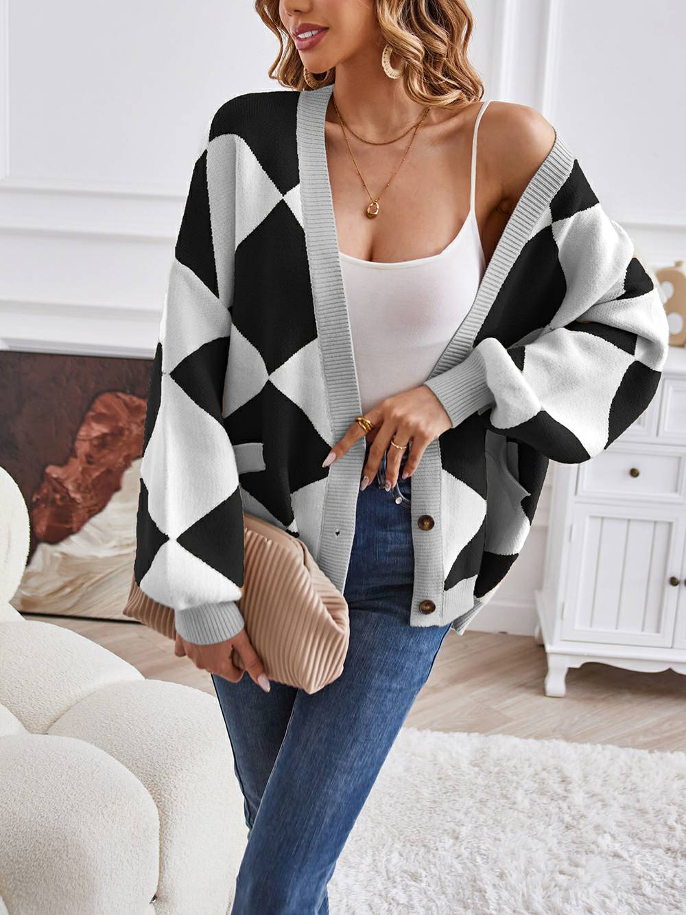 V-neck Geometric Color Block Knit Cardigan