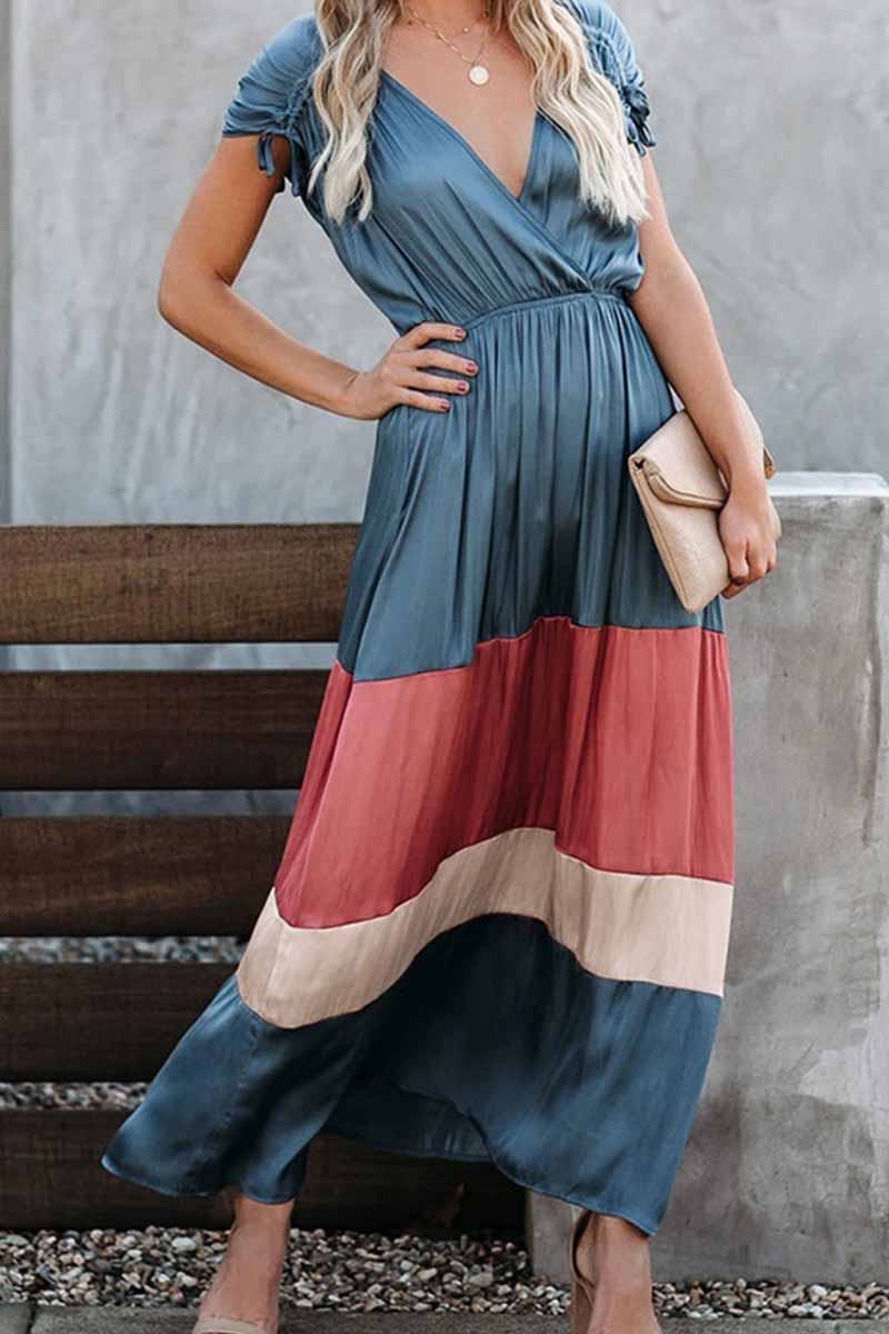 Summer Loose Multicolor Stitching V-neck Short Sleeves Midi Dress