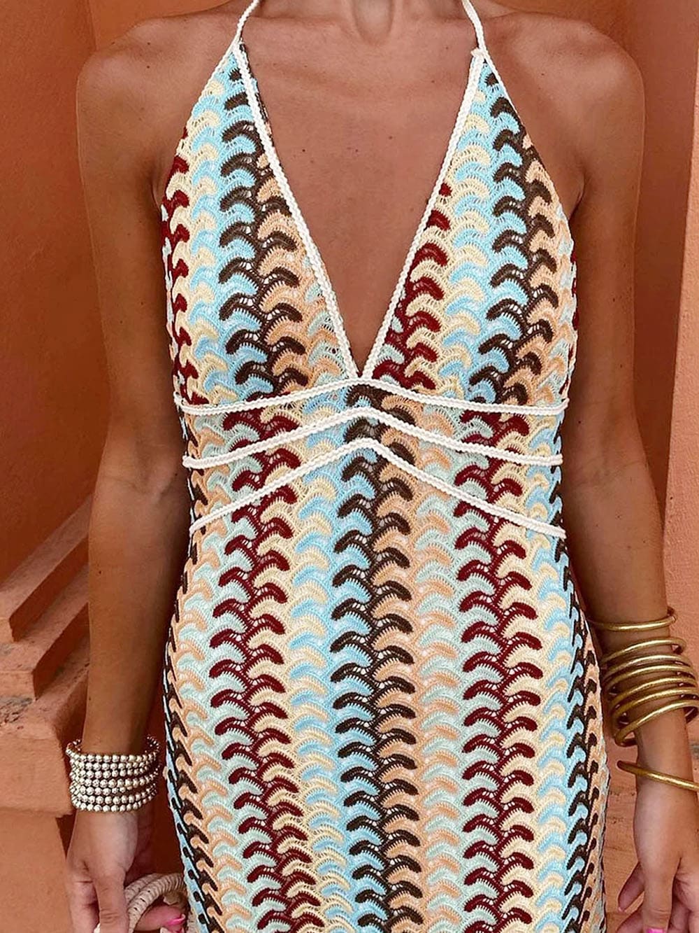 Halter V Neck Backless Pattern Knit Slim-fit Vacation Maxi Dresses-beige