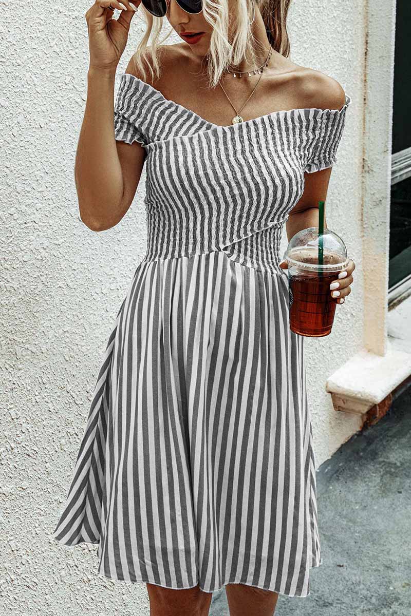 Stripe Off Shoulder Short Sleeve Short Dress