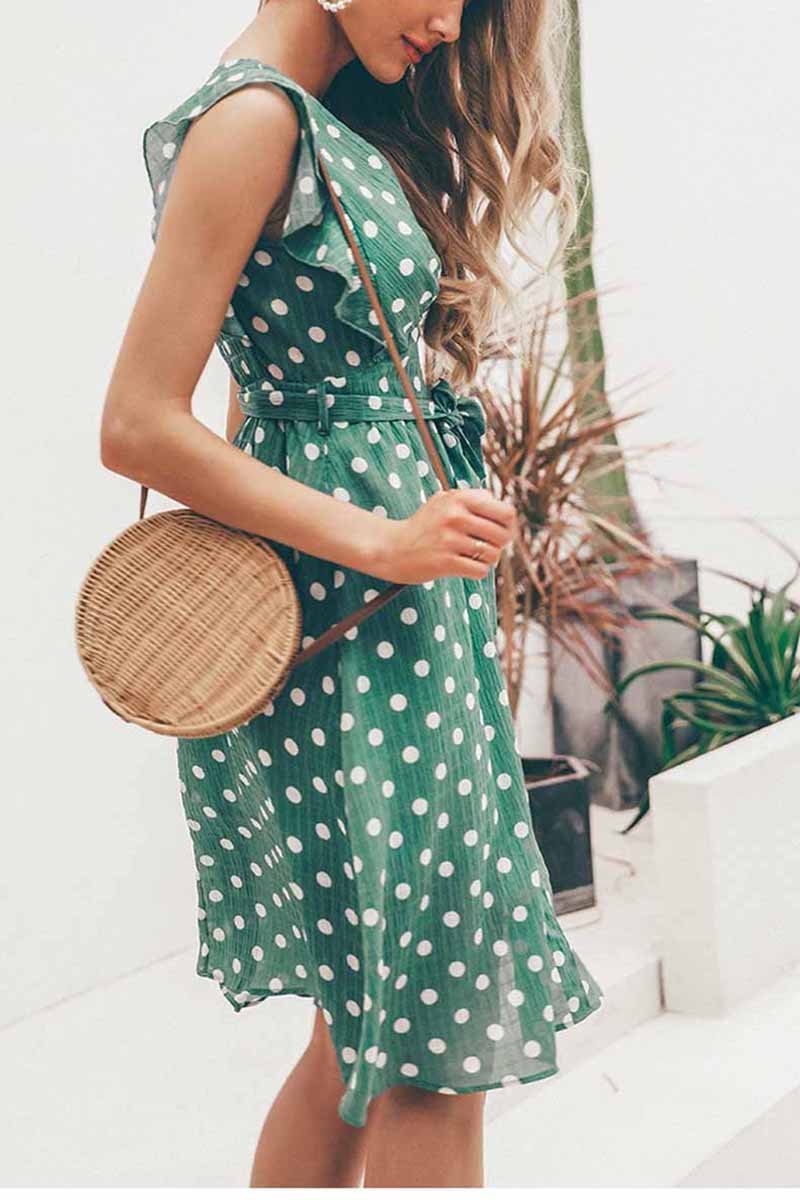 Deep V-neck Polka Dot Dress