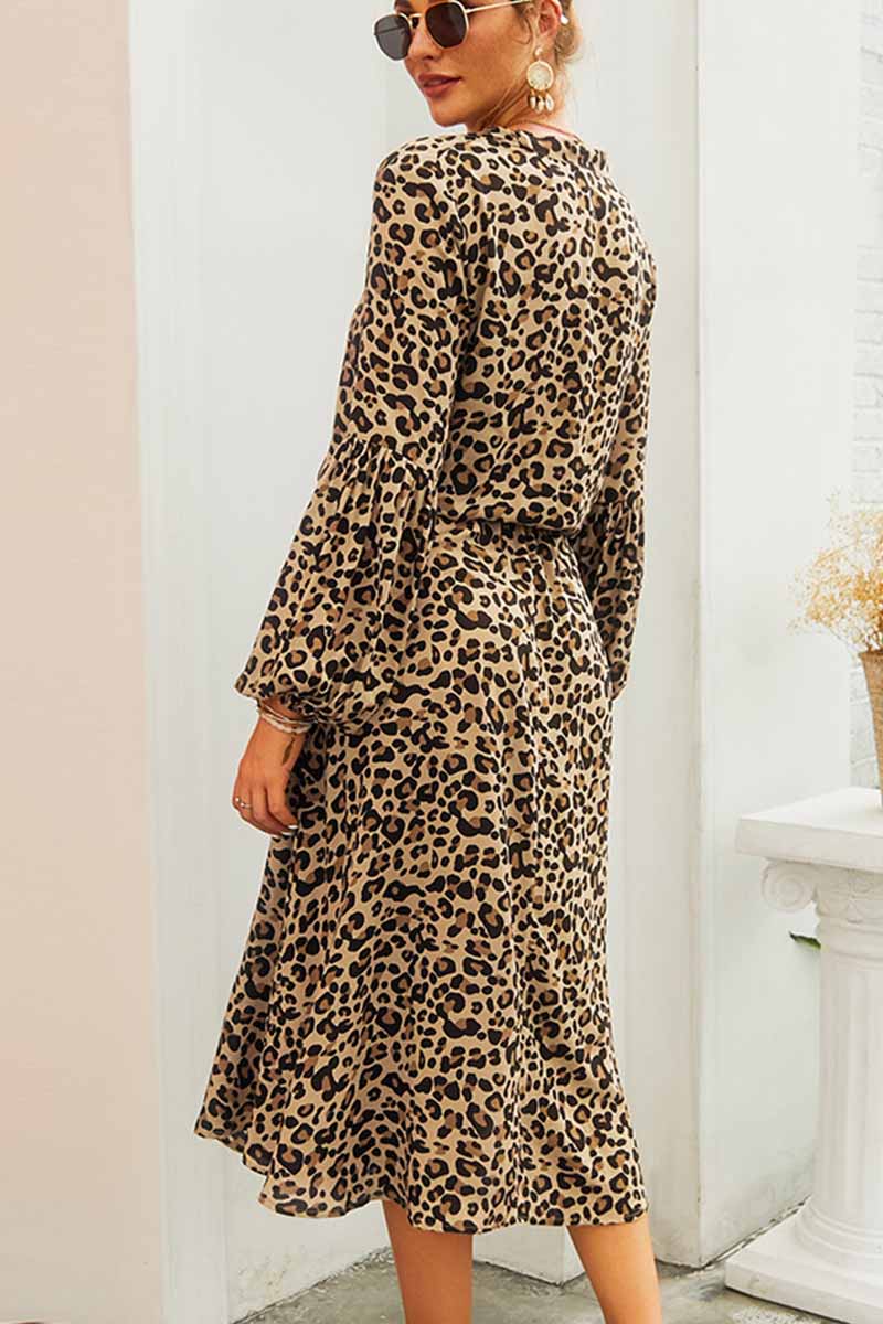 Leopard Print V-neck Midi Dress