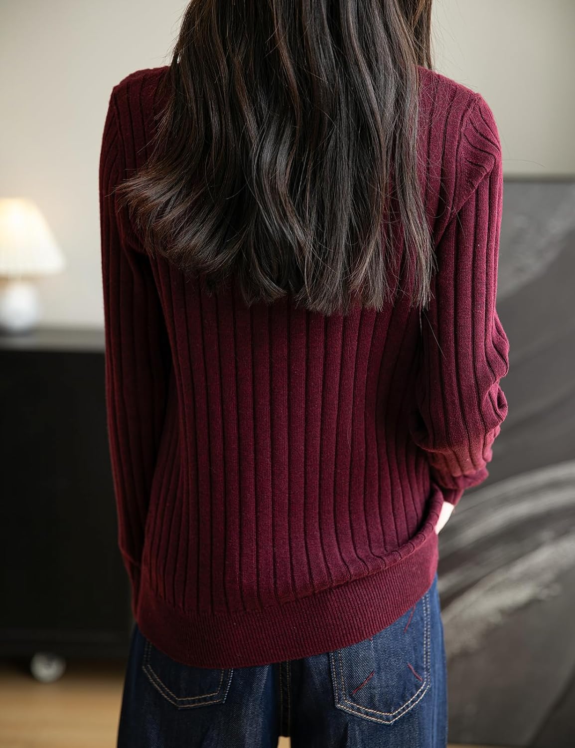Merino Wool Blend Color Block Stand Collar Sweater