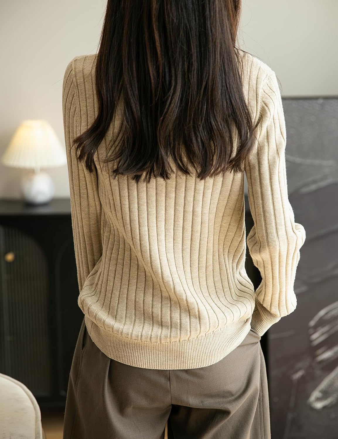 Merino Wool Blend Color Block Stand Collar Sweater