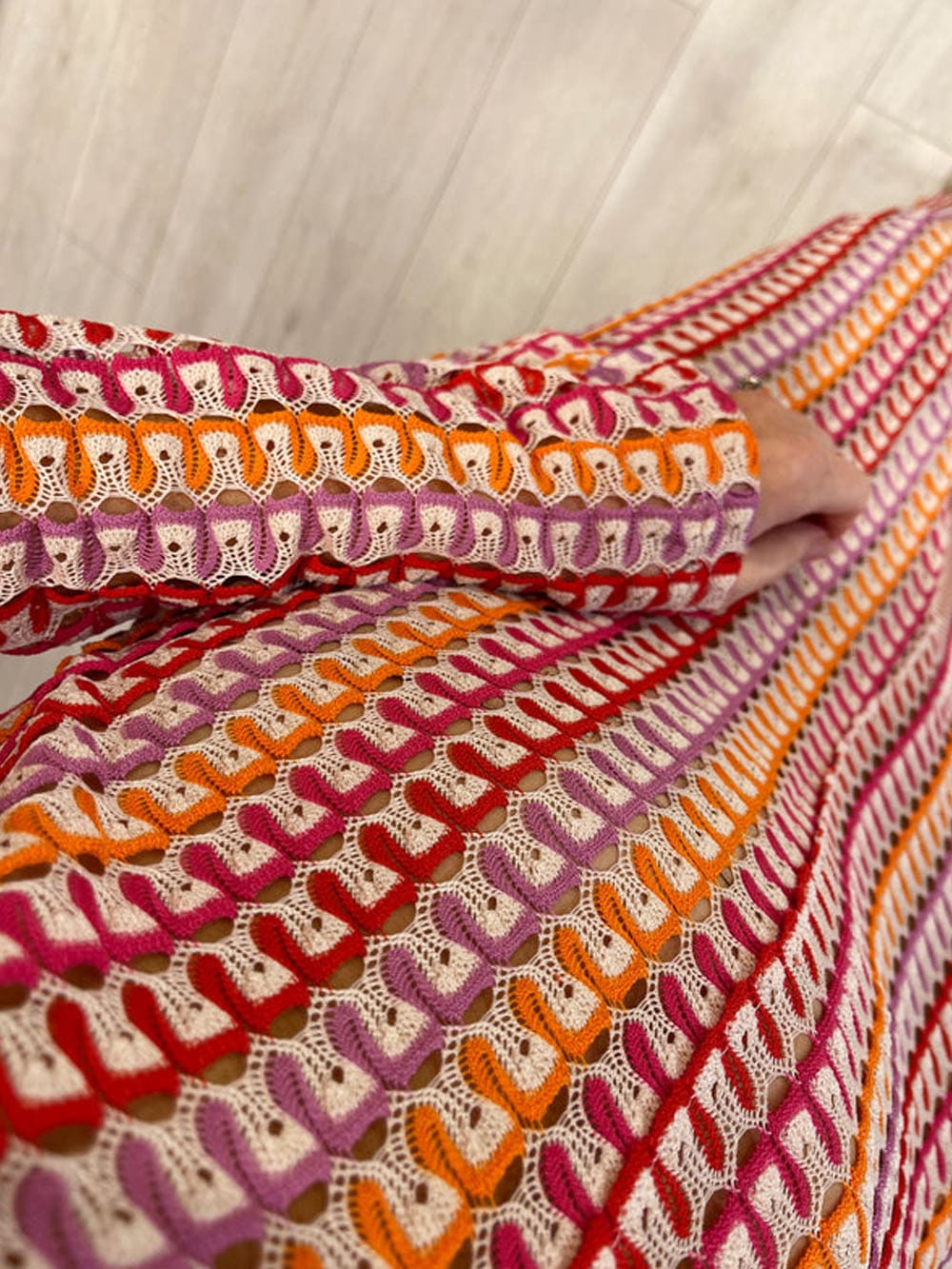 V Neck Bell Sleeve Wavy Striped Crochet Beach Vacation Maxi Dress - Red