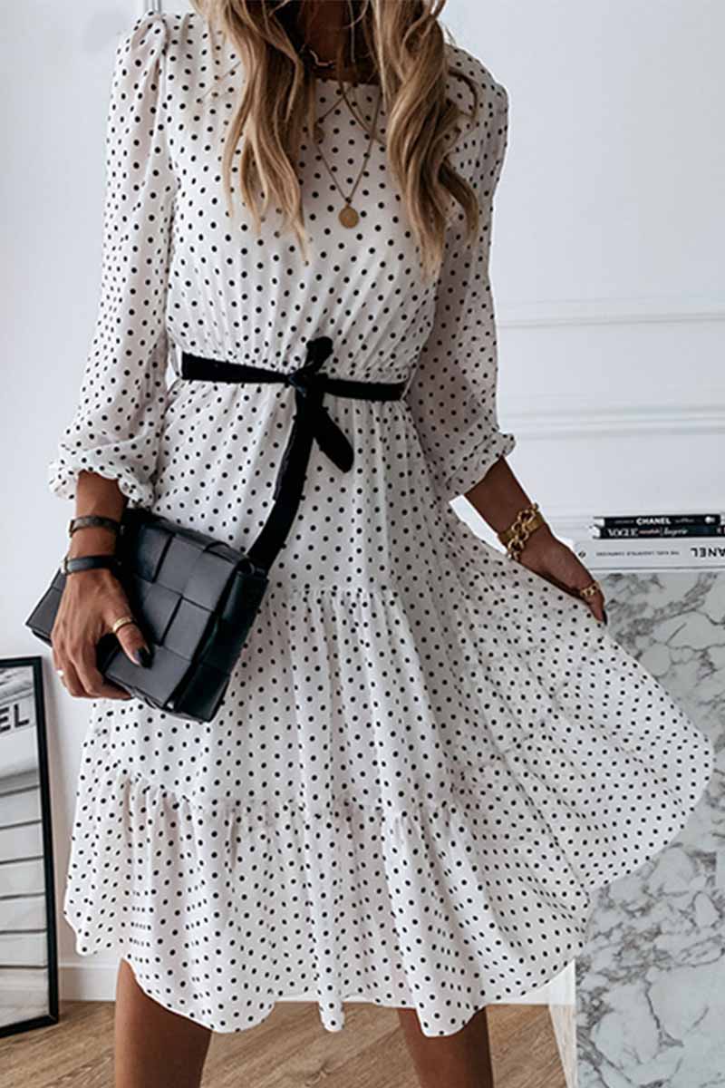 Dot Print Round Neck Tie Midi Dress