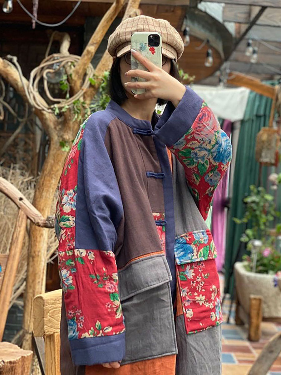 100% Cotton Stand Collar Patchwork Long Coat Qu014