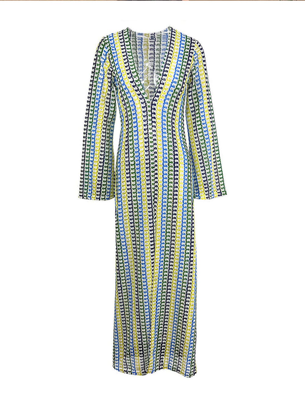 V Neck Bell Sleeve Wavy Striped Crochet Beach Vacation Maxi Dress - Yellow