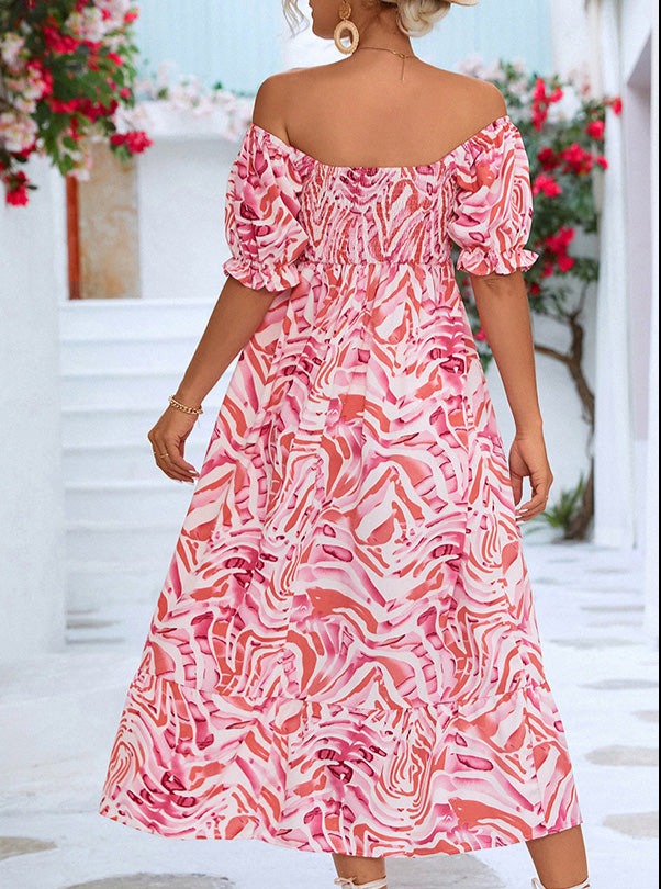 Smocked Print Off the Shoulder Midi Dress